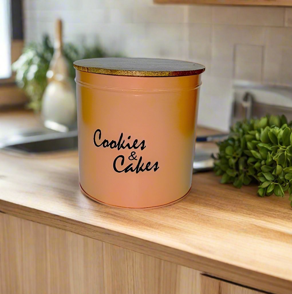 Metal Pinkish Cookies Jar With Wooden Lid/Sweet Life Cookie and Snack Charmer with wooden lid By MA81