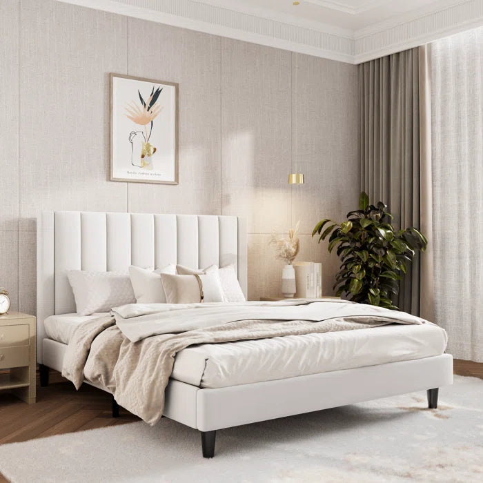 Luxe Velvet Platform Bed With Chic Striped Headboard