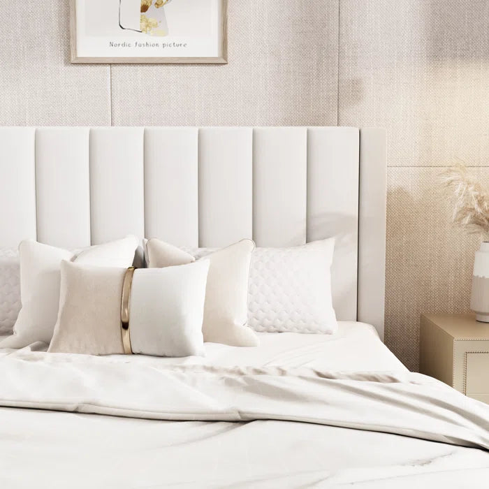 Luxe Velvet Platform Bed With Chic Striped Headboard