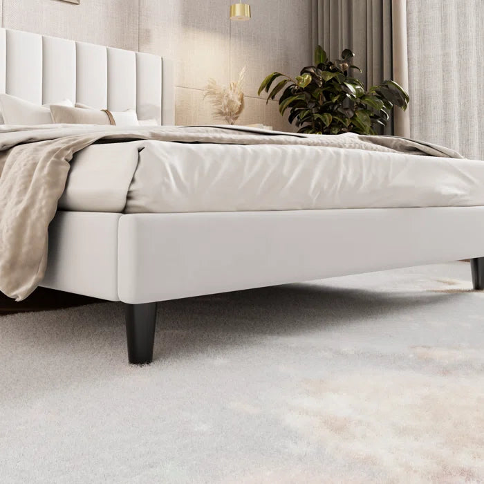 Luxe Velvet Platform Bed With Chic Striped Headboard