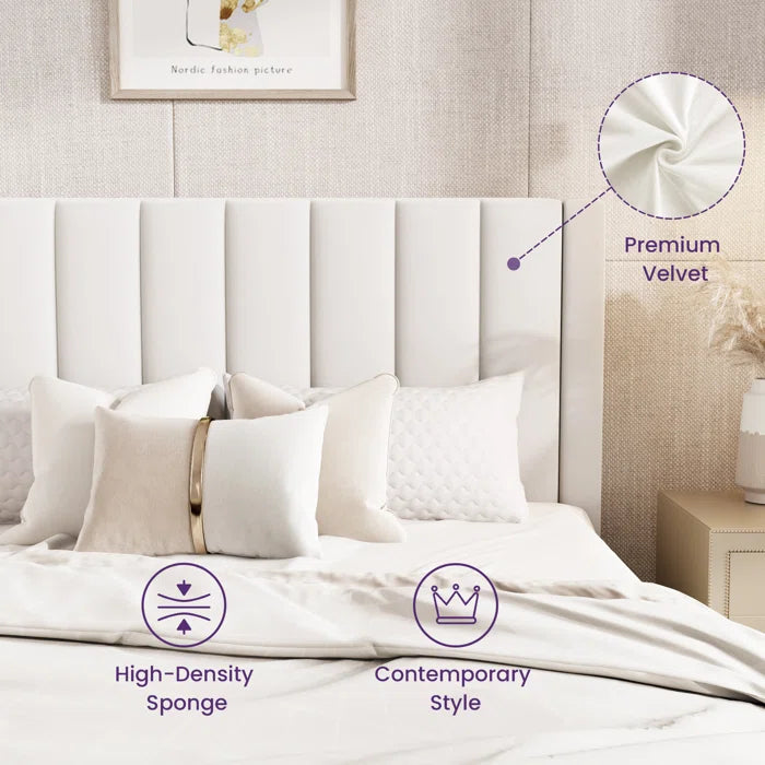 Luxe Velvet Platform Bed With Chic Striped Headboard