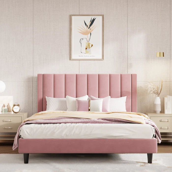 Luxe Velvet Platform Bed With Chic Striped Headboard