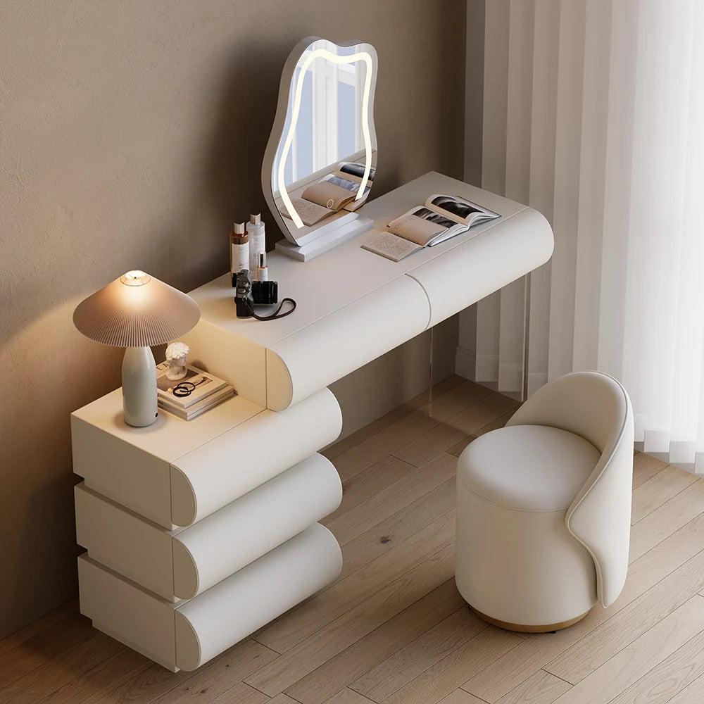 Modern White Makeup Vanity Set PU Leather Dressing Table with Stool PeelOrange.com Modern White Makeup Vanity Set PU Leather Dressing Table with Stool PeelOrange.com