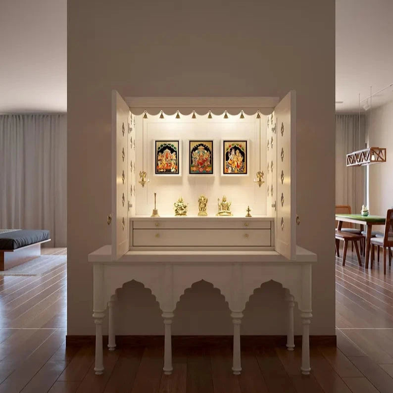 Compact Harmony: Wall-Mounted Puja Shelf With Symbolic Tree Design