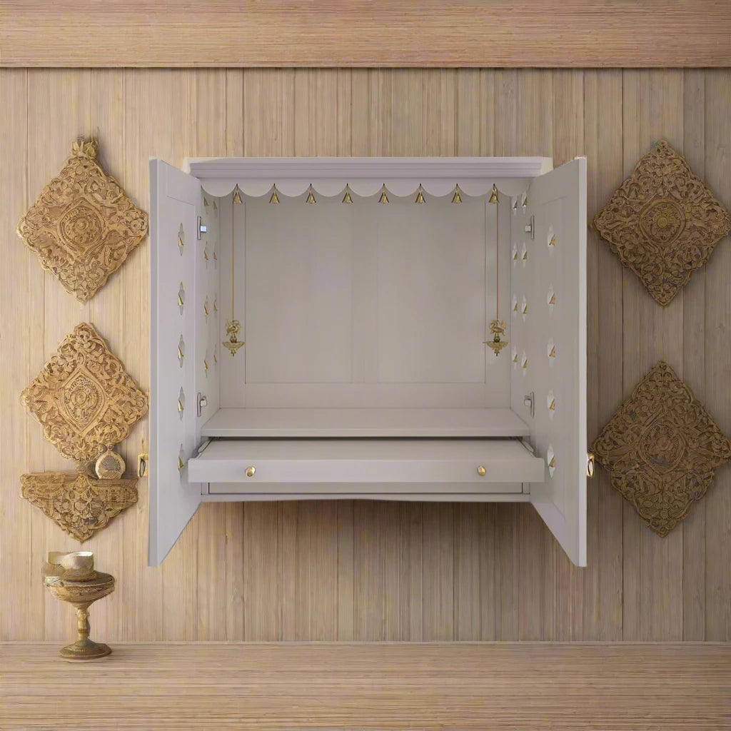 Compact Harmony: Wall-Mounted Puja Shelf With Symbolic Tree Design