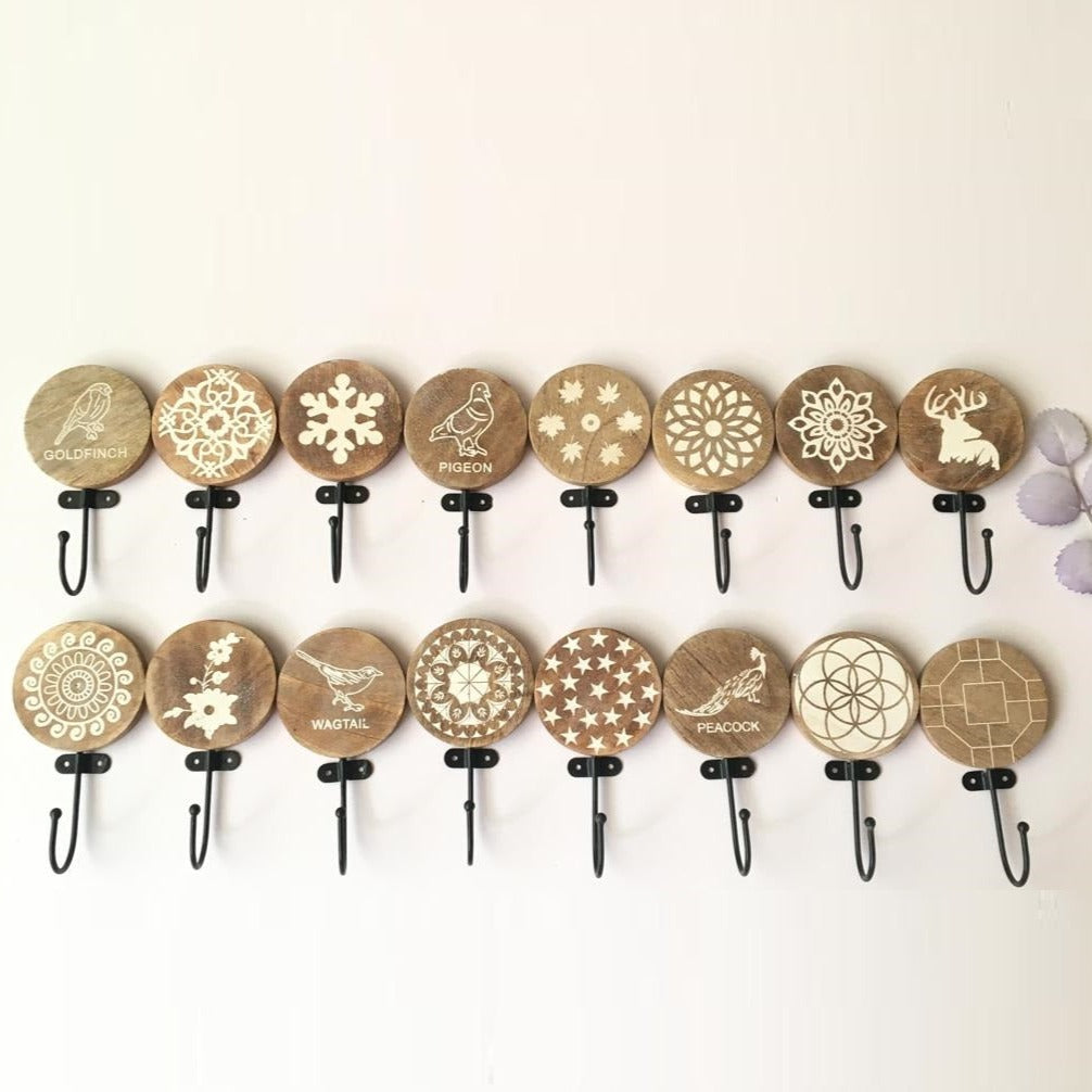 Round Shaped Wooden Engraved Wall Cloth Hooks Random Style By MUC