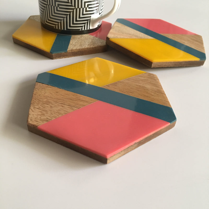 Hexagon Resin Tea Coaster Set In Wooden Texture Design | Set of 6 | Single Pc