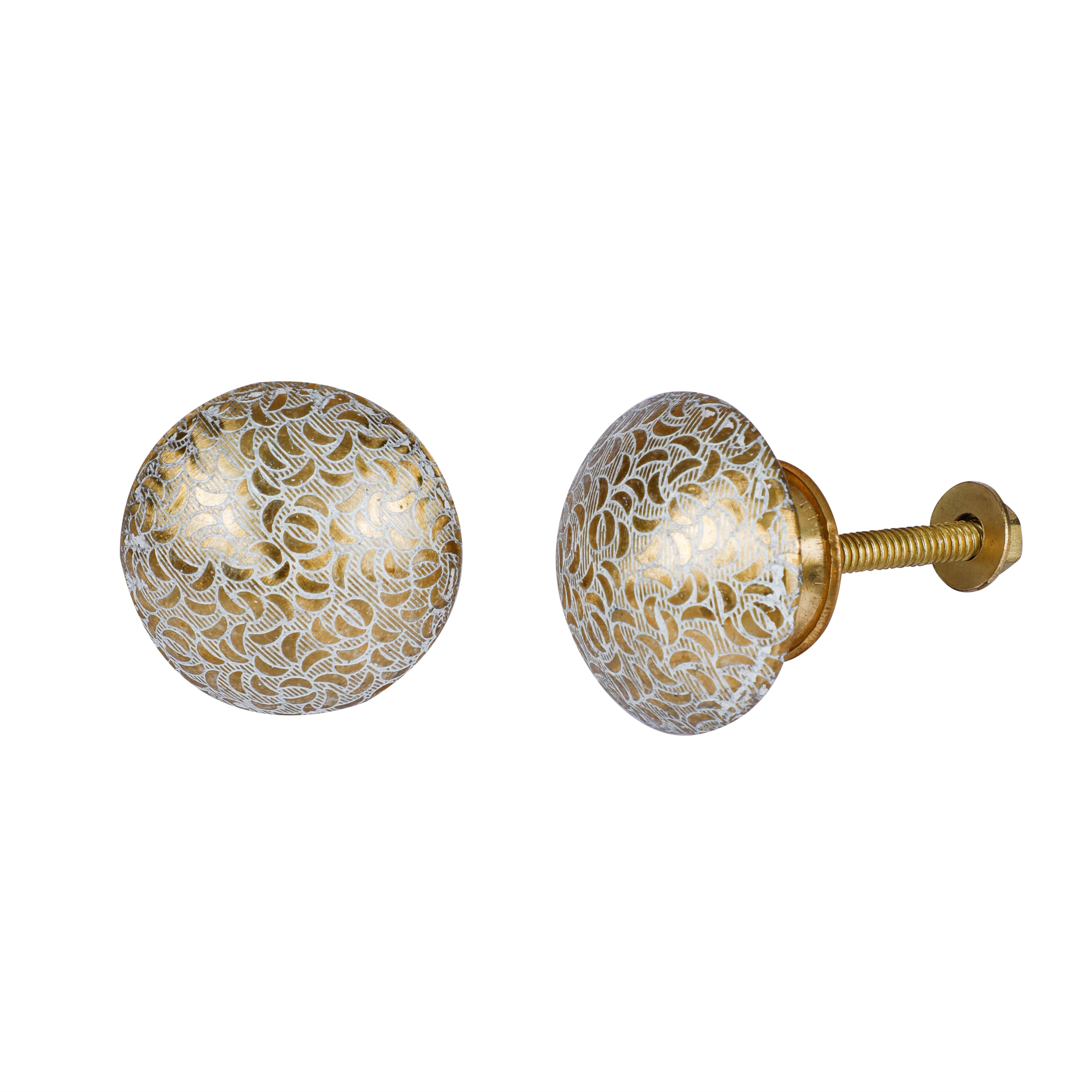 Moroccan Inspired White & Gold Patterned Brass Knob 1Pc