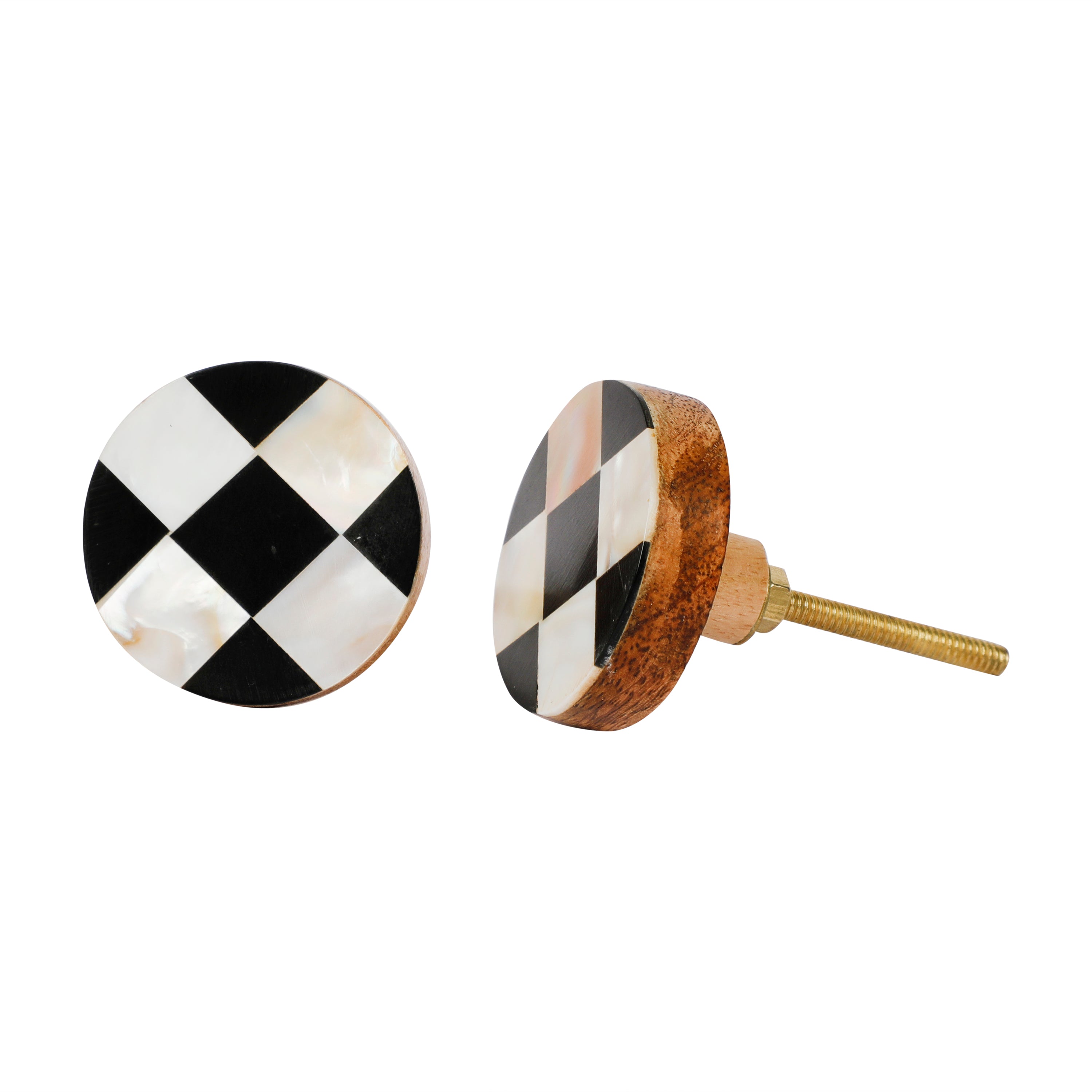 Check Design Black & White Resin,Wood & MOP Cupboard Door Knob, Drawer Pull 1Pc