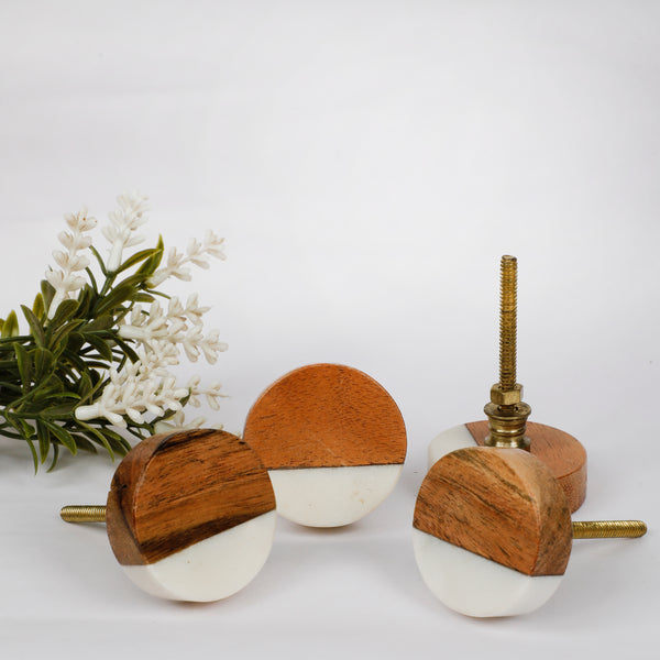 White Marble Stone and Wooden Round Knob 1PC