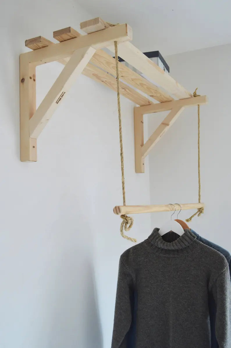 Wooden Bracket Shelf With Hanging Rope/Timber Clothes Rack By Miza –