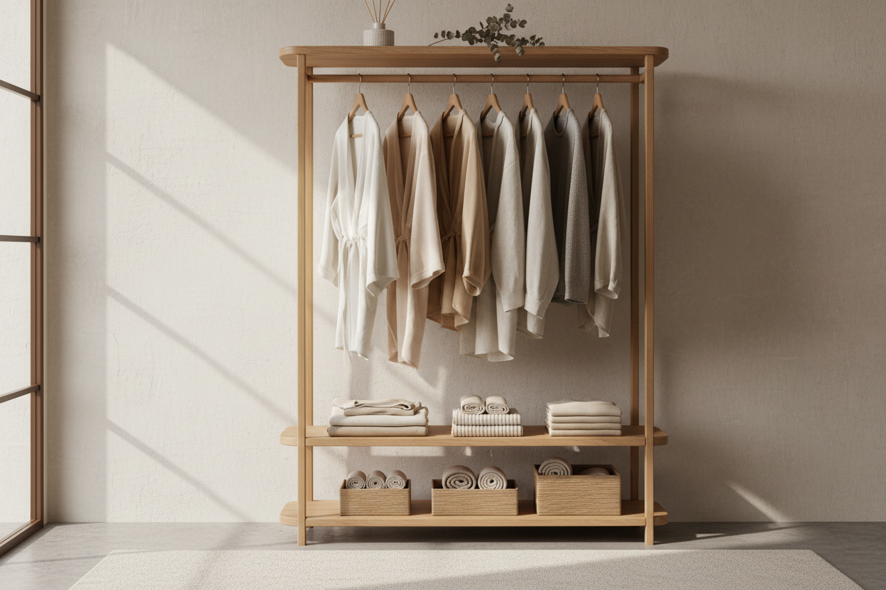 Premium clothes stand and organiser in warm neutral tones