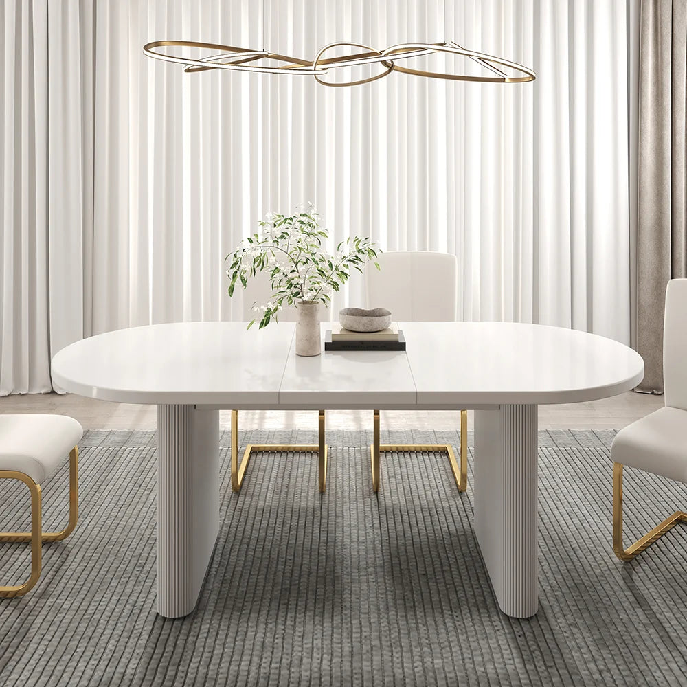 Oval White Dining Table & 6 White PU Leather Dining Chairs