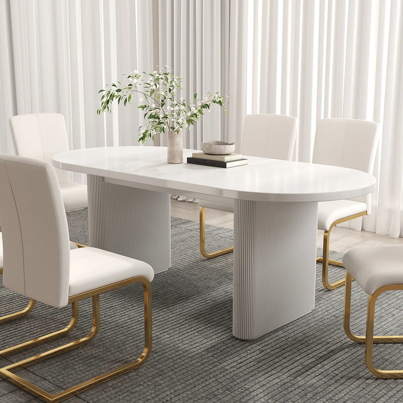 Oval White Dining Table & 6 White PU Leather Dining Chairs