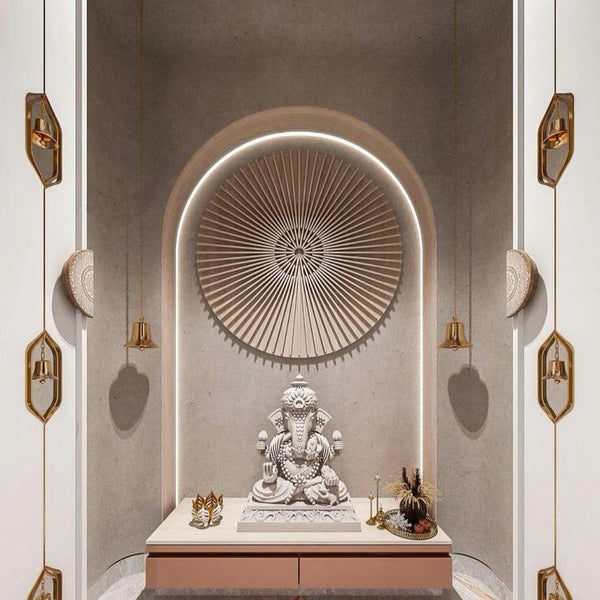 A Fusion Of Minimalist Mandir Shelf With Artistic Round Wall Features