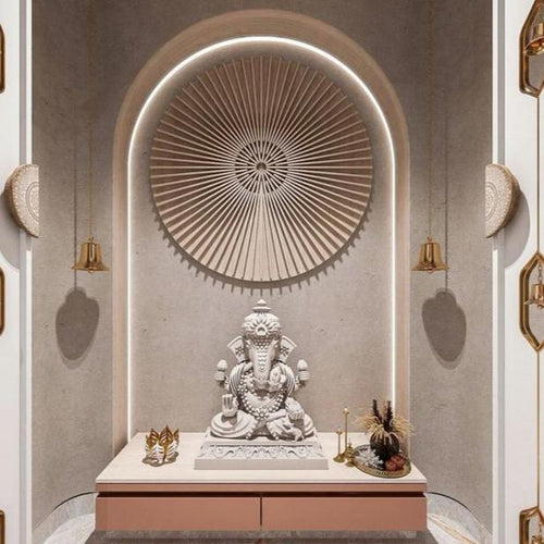 A Fusion Of Minimalist Mandir Shelf With Artistic Round Wall Features