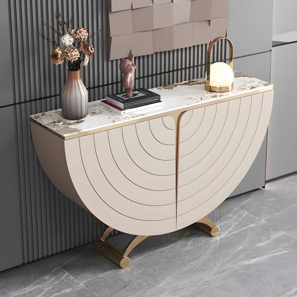 Modern Stone Top Console Table with Abstract Wood Base, 2 Cabinets and 2 Shelves