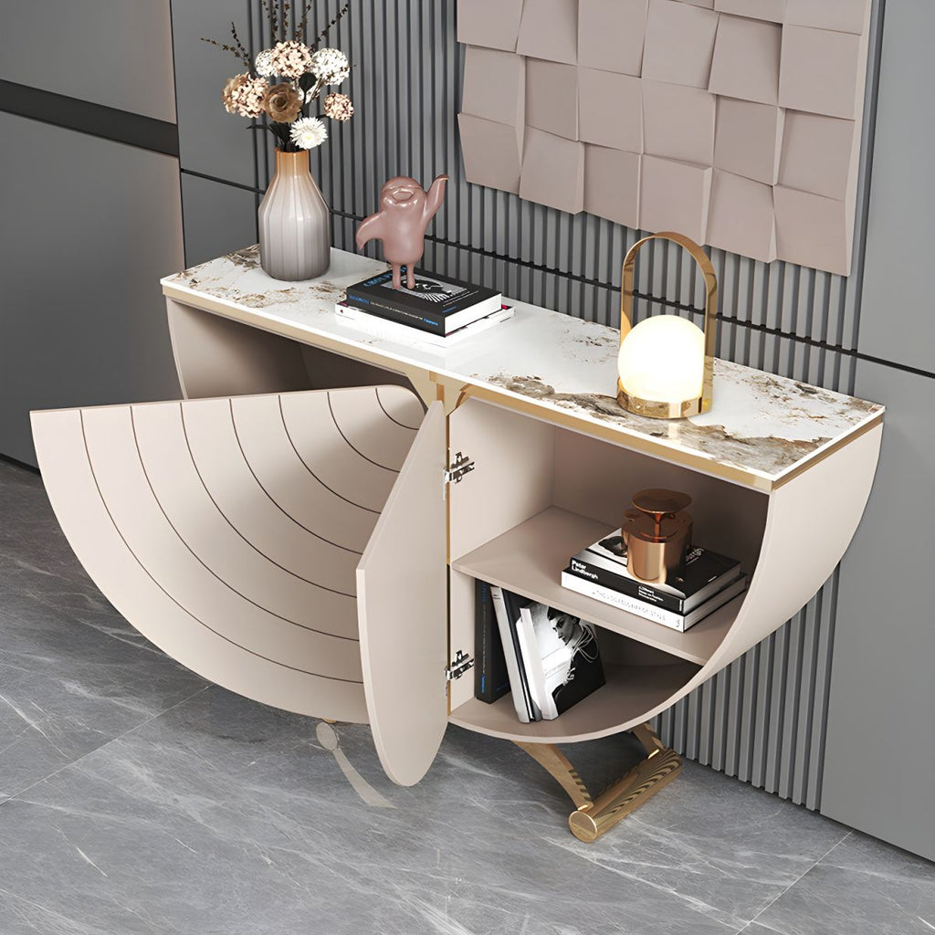 Modern Stone Top Console Table with Abstract Wood Base, 2 Cabinets and 2 Shelves