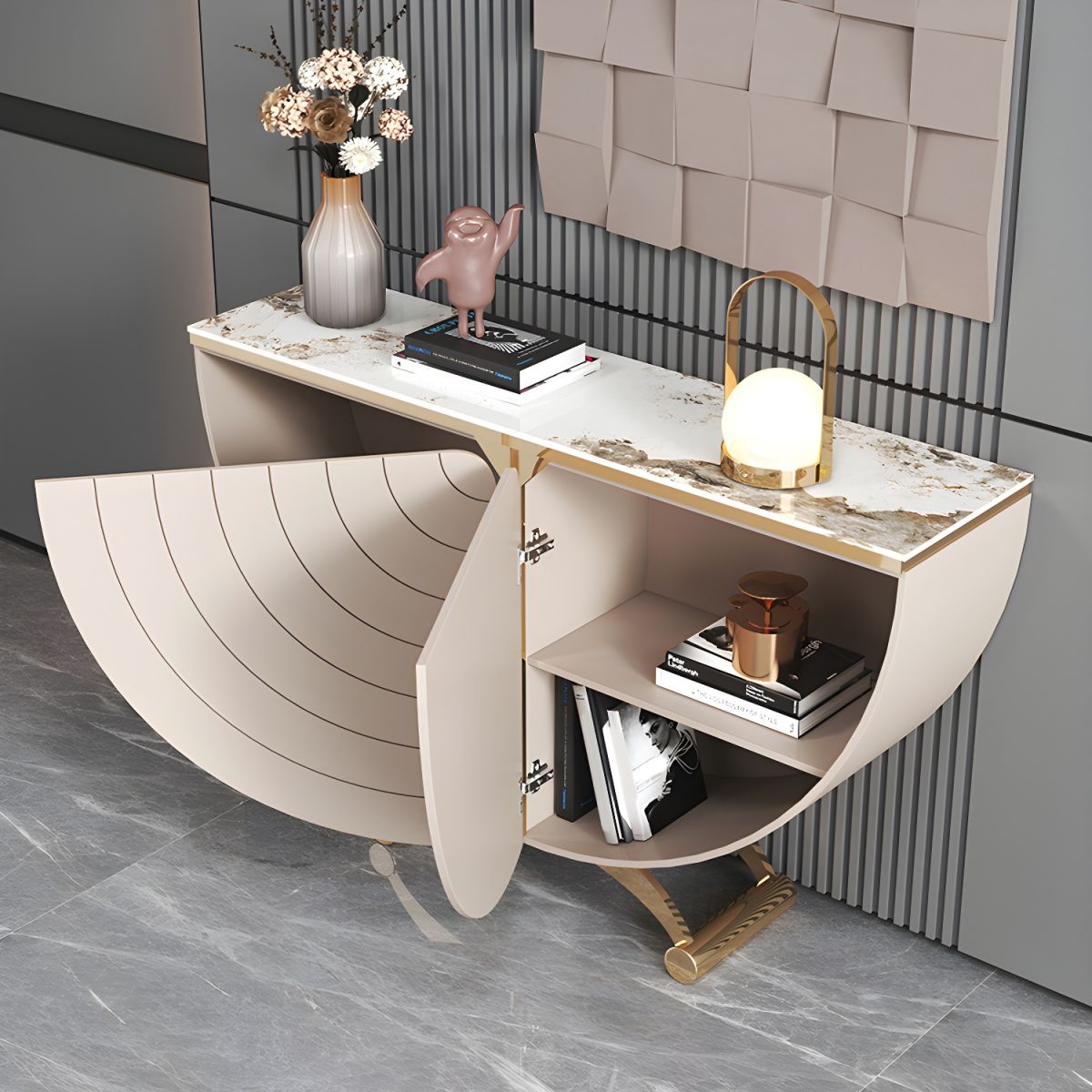 Modern Stone Top Console Table with Abstract Wood Base, 2 Cabinets and 2 Shelves