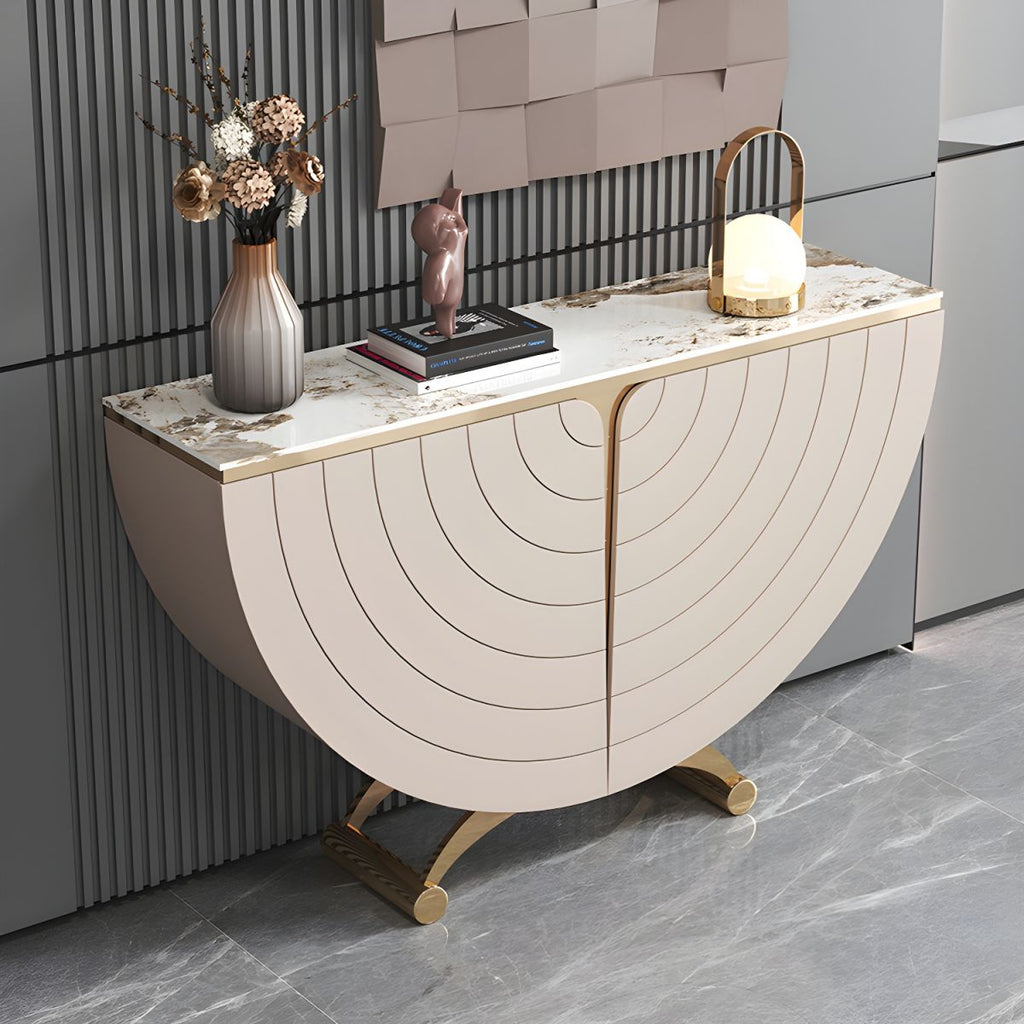 Modern Stone Top Console Table with Abstract Wood Base, 2 Cabinets and 2 Shelves