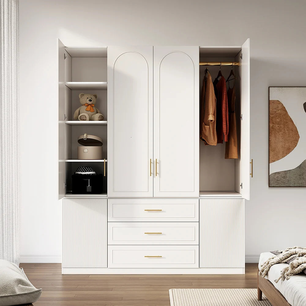 Modern Luxury White Wide Armoire Clothes Cabinet With 3 Drawers & 6 Doors