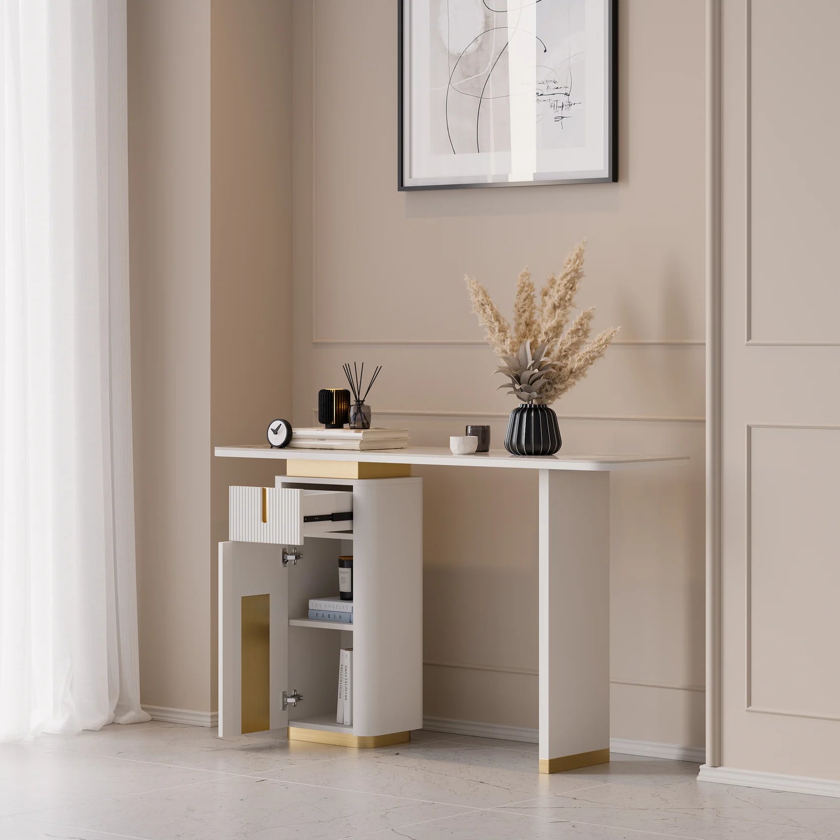 Modern Sintered Stone Top Console Table With Storage Entryway Table