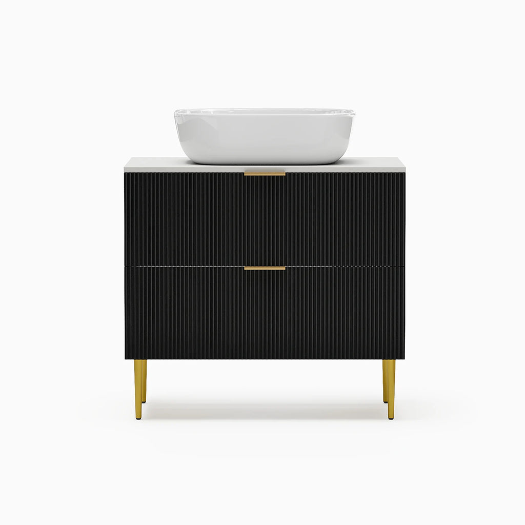 Black Single Fluted Bathroom Vanity With Vessel Sink And 2 Drawers