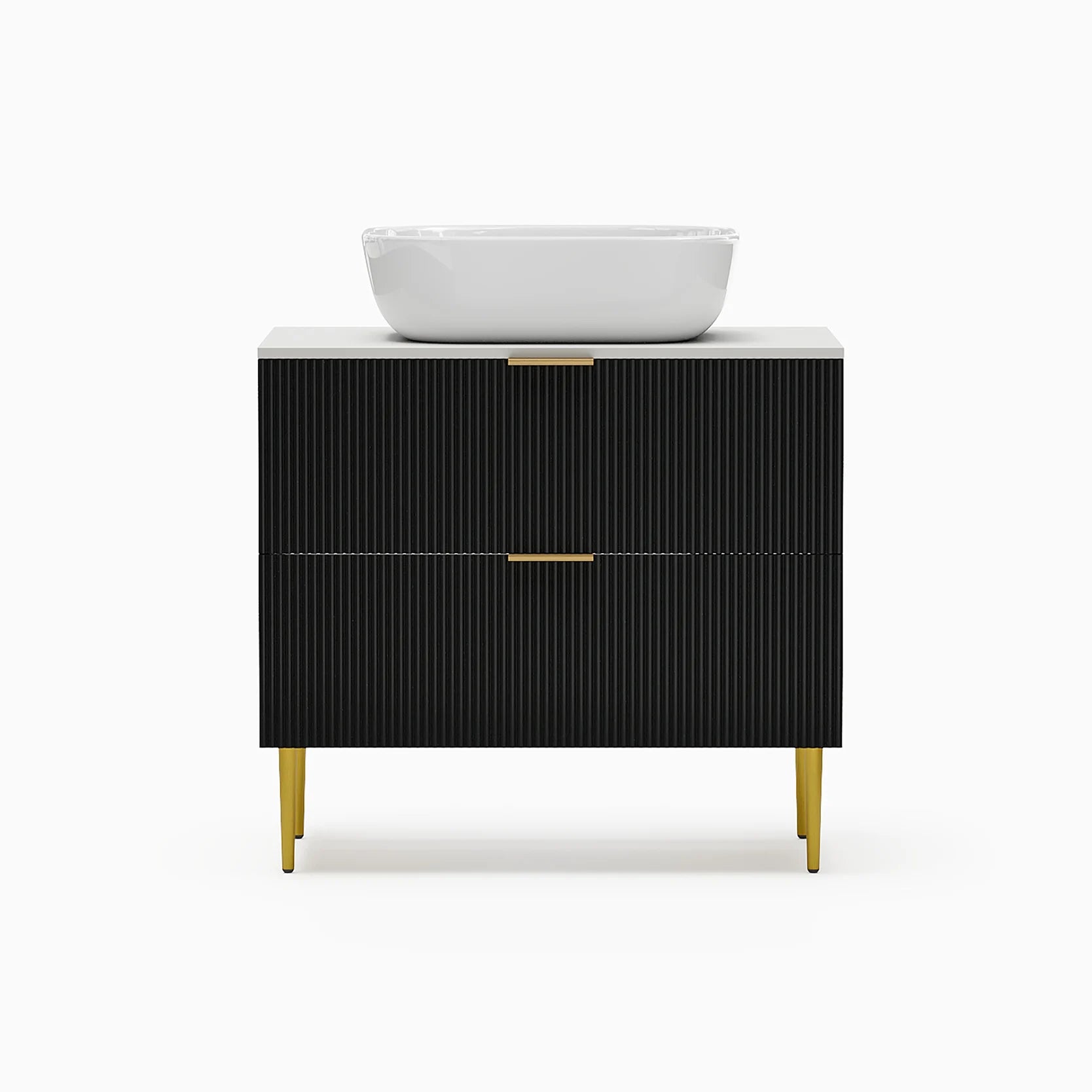 Black Single Fluted Bathroom Vanity With Vessel Sink And 2 Drawers