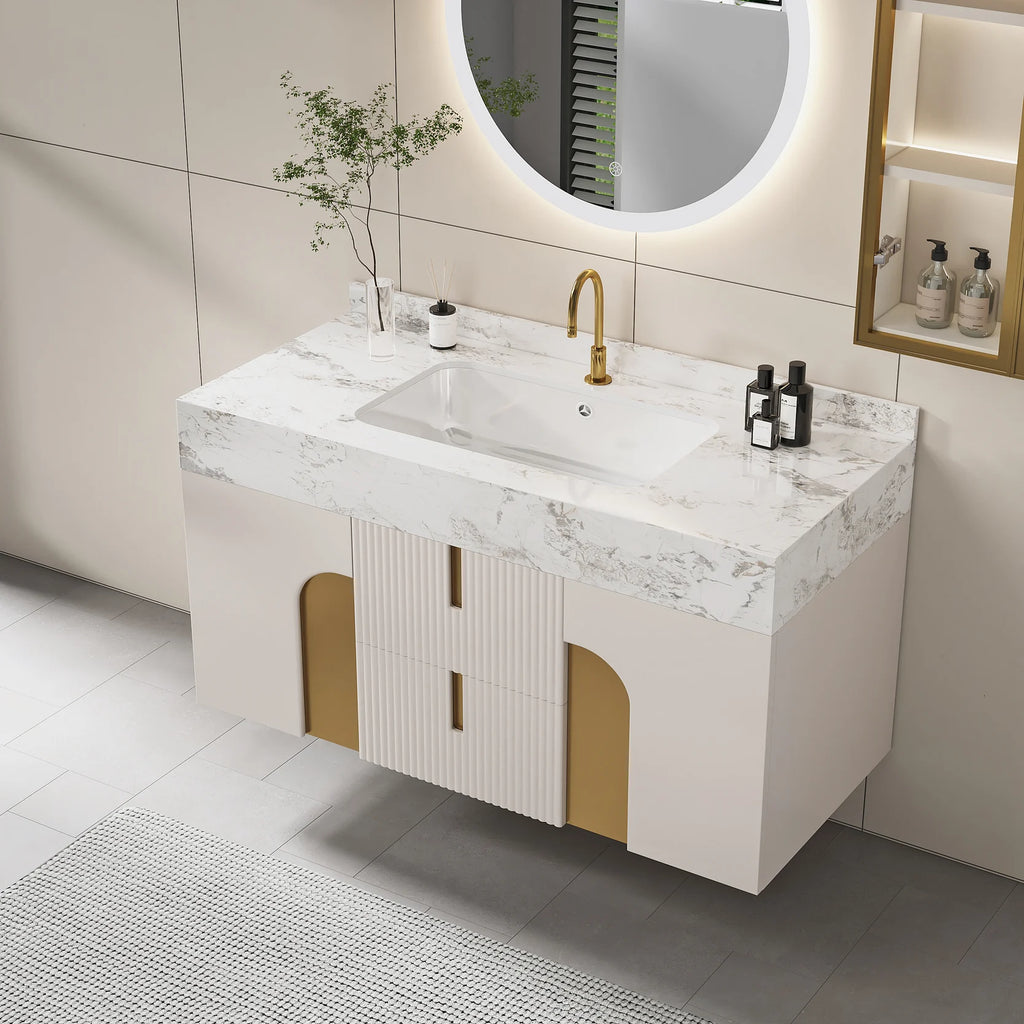 Modern Sintered Stone Bathroom Vanity Ceramic Single Sink Wall Mounted