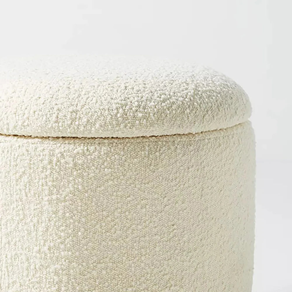 Modern White Boucle Vanity Stool With Lifted Top Storage Round Ottoman