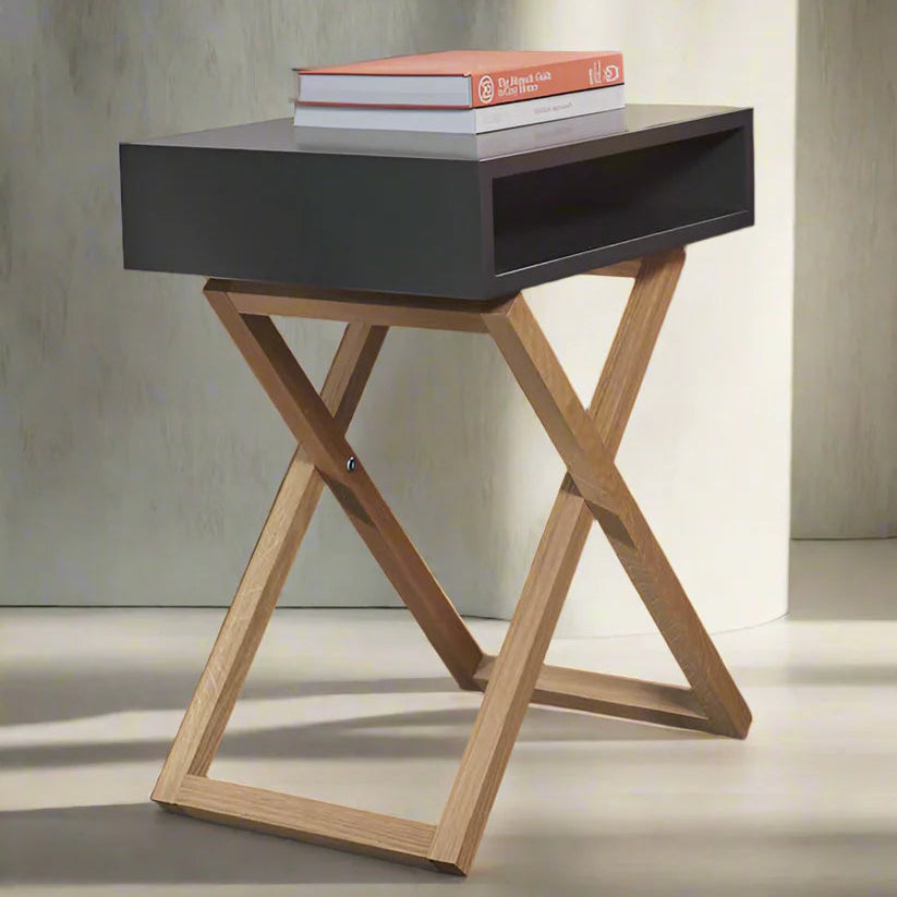 Modern Grey Bedside Table With Wooden X-Frame Base By Miza