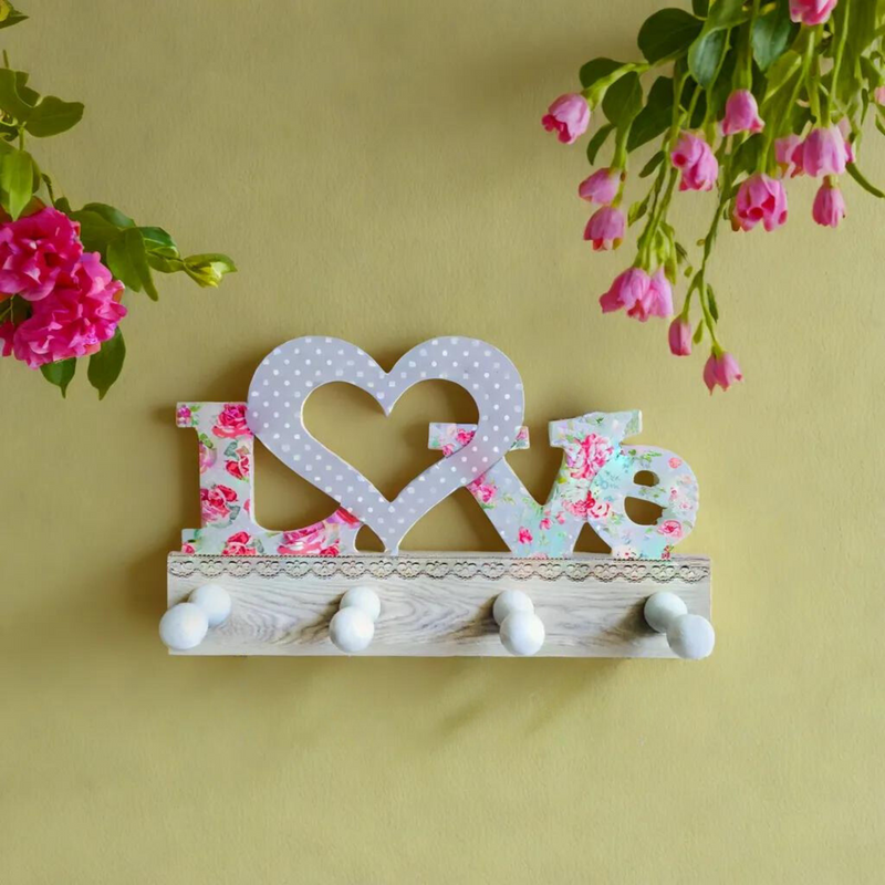Love Flower Design Wooden Wall Hanging Key Holder with 4 Hooks -1 PC-BY APT