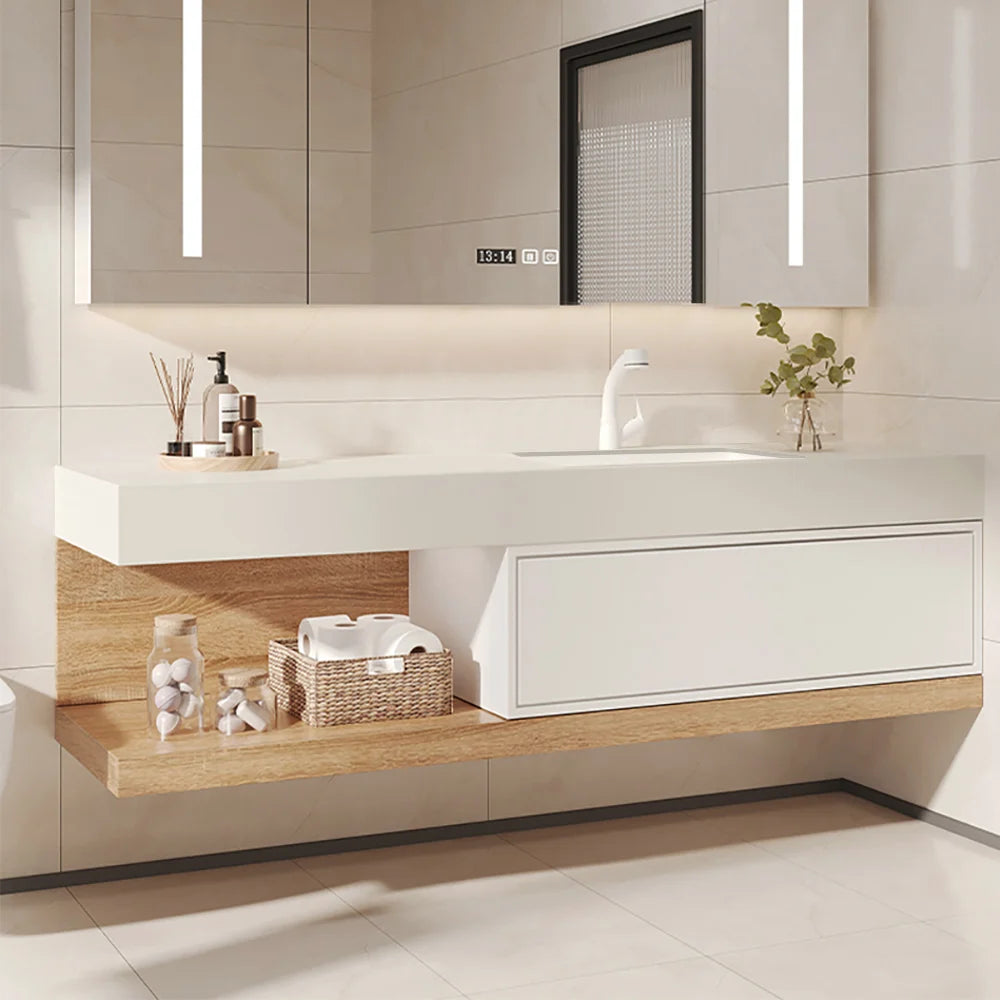 Modern Floating Bathroom Vanity Set With Single Sink Wall-Mounted In White & Natural
