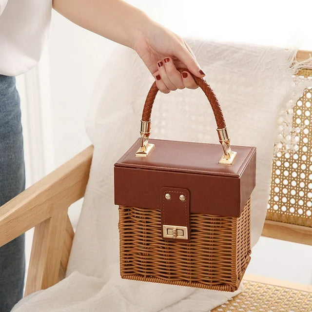 Bamboo Leather Woven Rattan Carrying Basket HandBag Candy Tote By APT Big- X inches