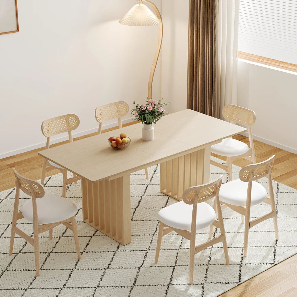 Whitewash Dining Table Wood Rattan Dining Chairs Set