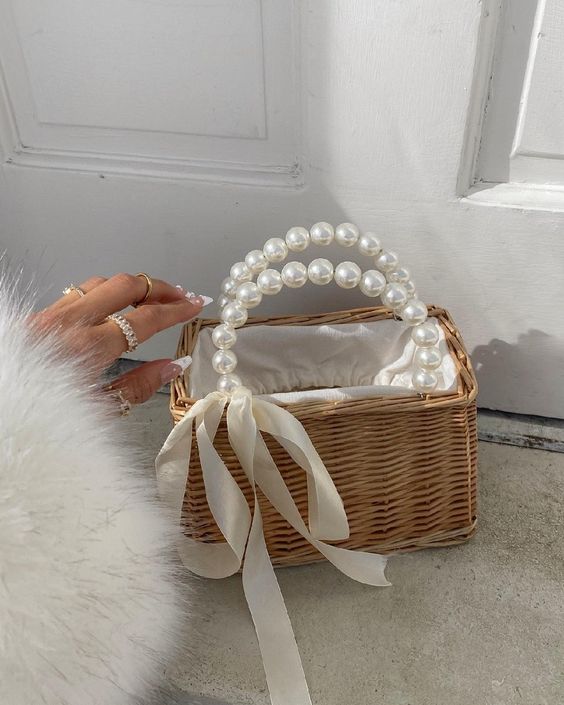 Rattan Handmade Tote Bags Ladies Beach Basket Bag Pearl Beads By APT