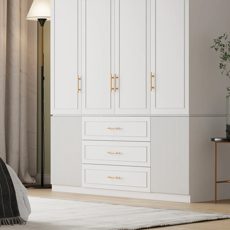 Modern Luxury White Wide Armoire Clothes Cabinet With 3 Drawers & 6 Doors