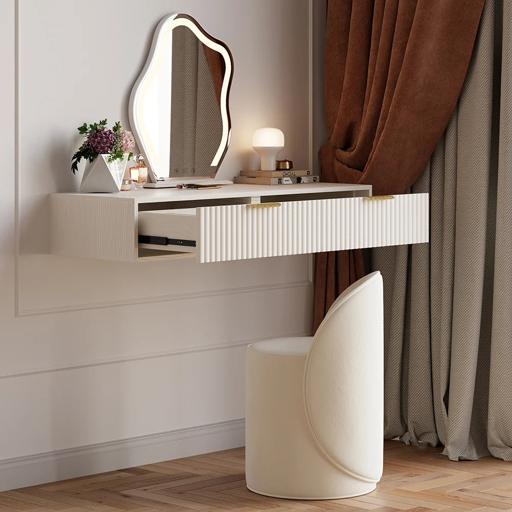 Modern White Floating Makeup Vanity Set With Drawers Dressing Table With Stool