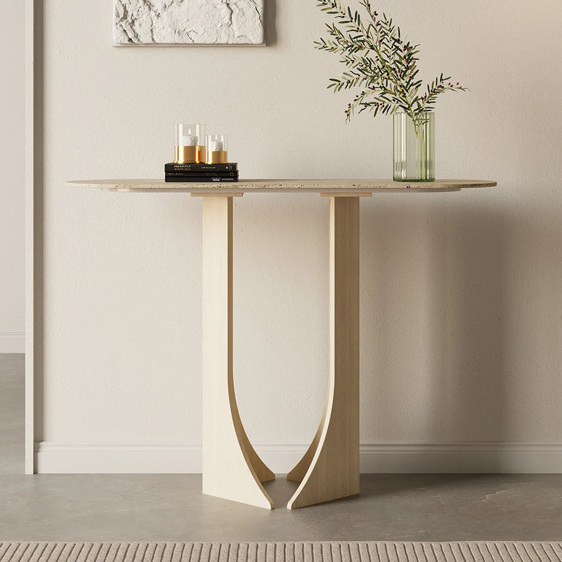 Oval Travertine Stone Console Table Modern Entryway Table With Abstract Base