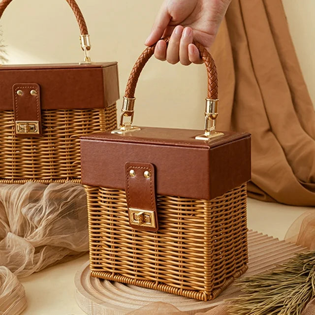 Bamboo Leather Woven Rattan Carrying Basket HandBag Candy Tote By APT