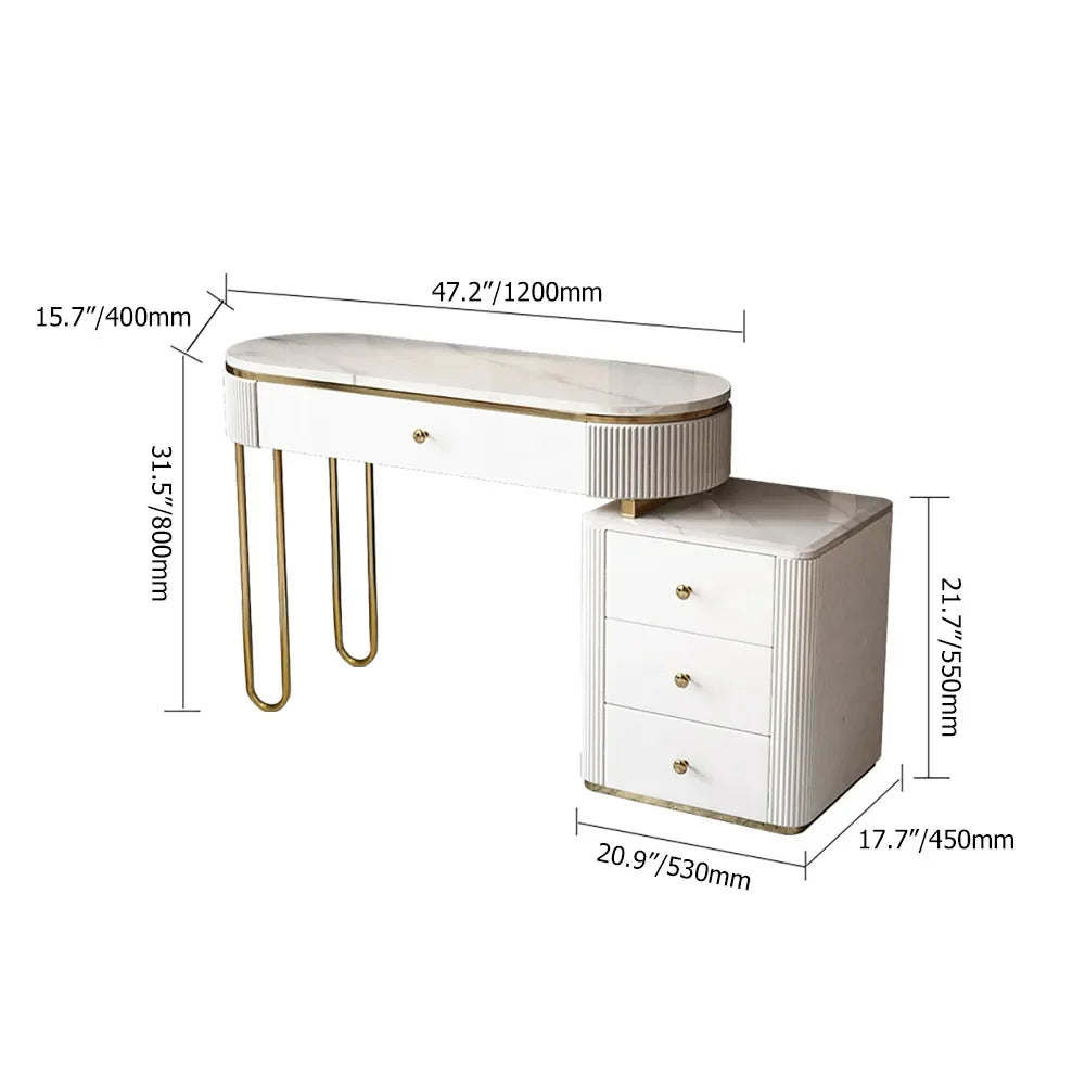 Modern Makeup Vanity Table With Side Cabinet 4 Drawers & Faux Marble Top In White