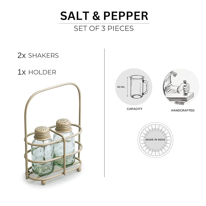 Glass Salt Pepper Set for Dining Table With Iron Holder Set of 2, 60 ml By MA-PS2