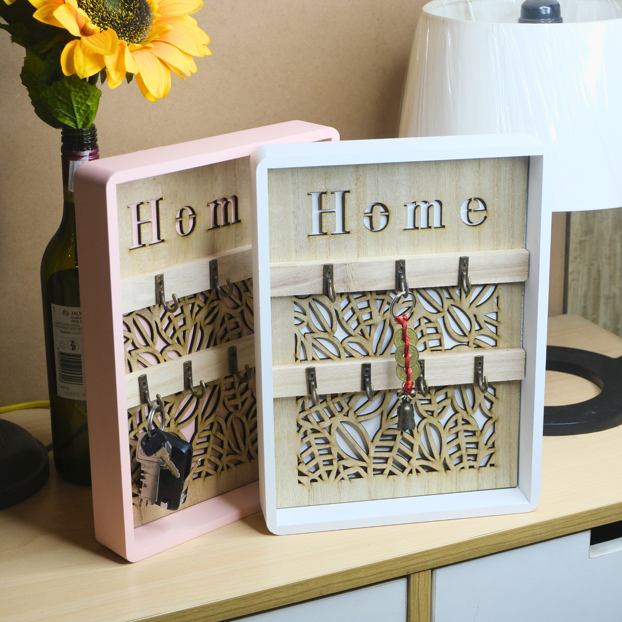 CNC Wall Hanging Wooden Key Holder with 6 Hooks-1 PC-Random Color-BY A ...