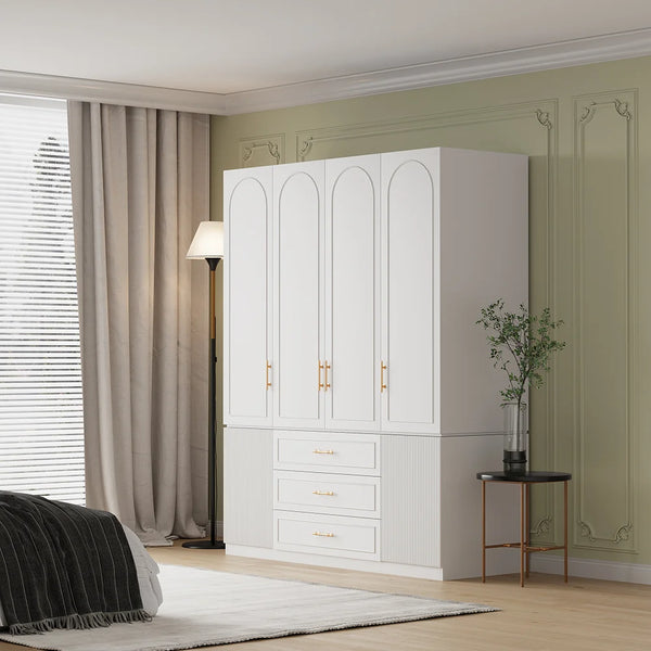 Modern Luxury White Wide Armoire Clothes Cabinet With 3 Drawers & 6 Doors