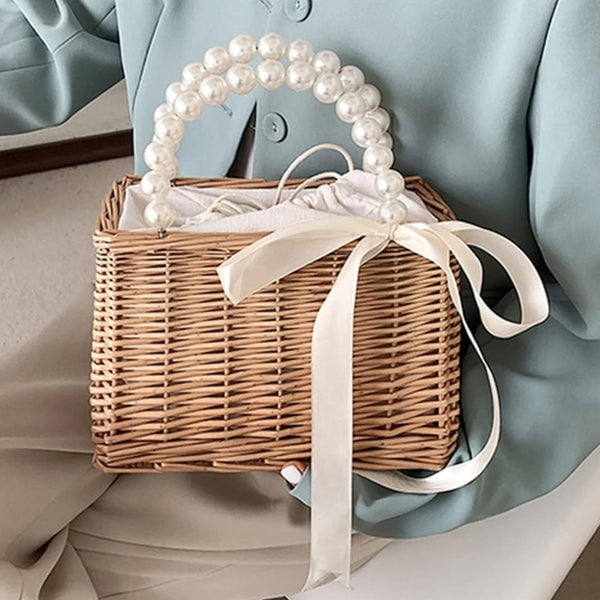 Rattan Handmade Tote Bags Ladies Beach Basket Bag Pearl Beads By APT