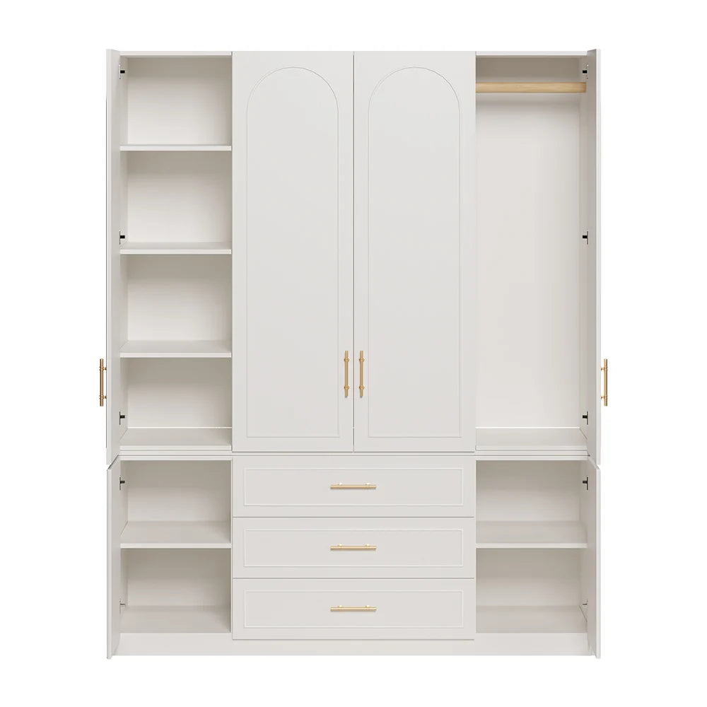 Modern Luxury White Wide Armoire Clothes Cabinet With 3 Drawers & 6 Doors