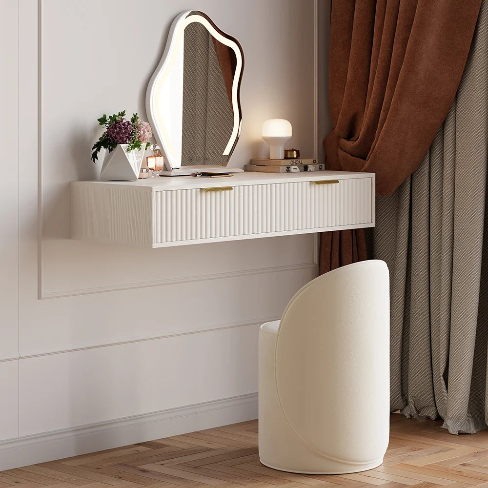Modern White Floating Makeup Vanity Set With Drawers Dressing Table With Stool