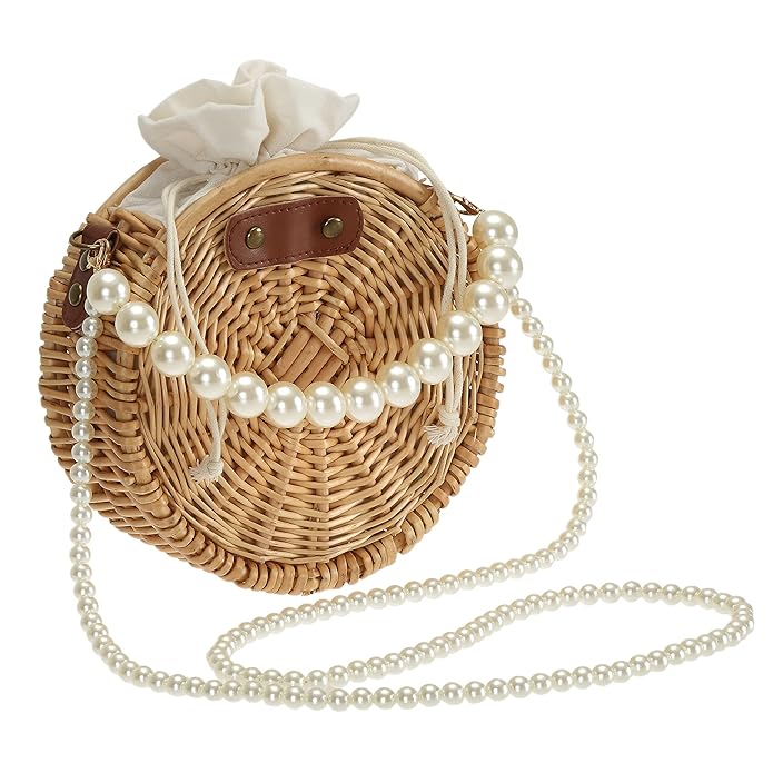 Handmade Round Bamboo Clutch Pearl Crossbody Hand Bag/Shoulder Sling Purse By APT