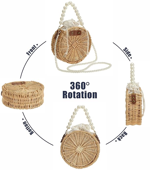 Handmade Round Bamboo Clutch Pearl Crossbody Hand Bag/Shoulder Sling Purse By APT