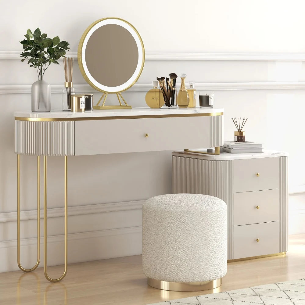 Modern Makeup Vanity Table With Side Cabinet 4 Drawers & Faux Marble Top In White